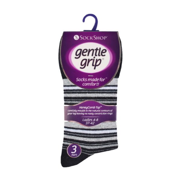 Gentle Grip Ladies Bamboo Socks – Dark with Hearts & Lines – 3 pack – Size  4-8